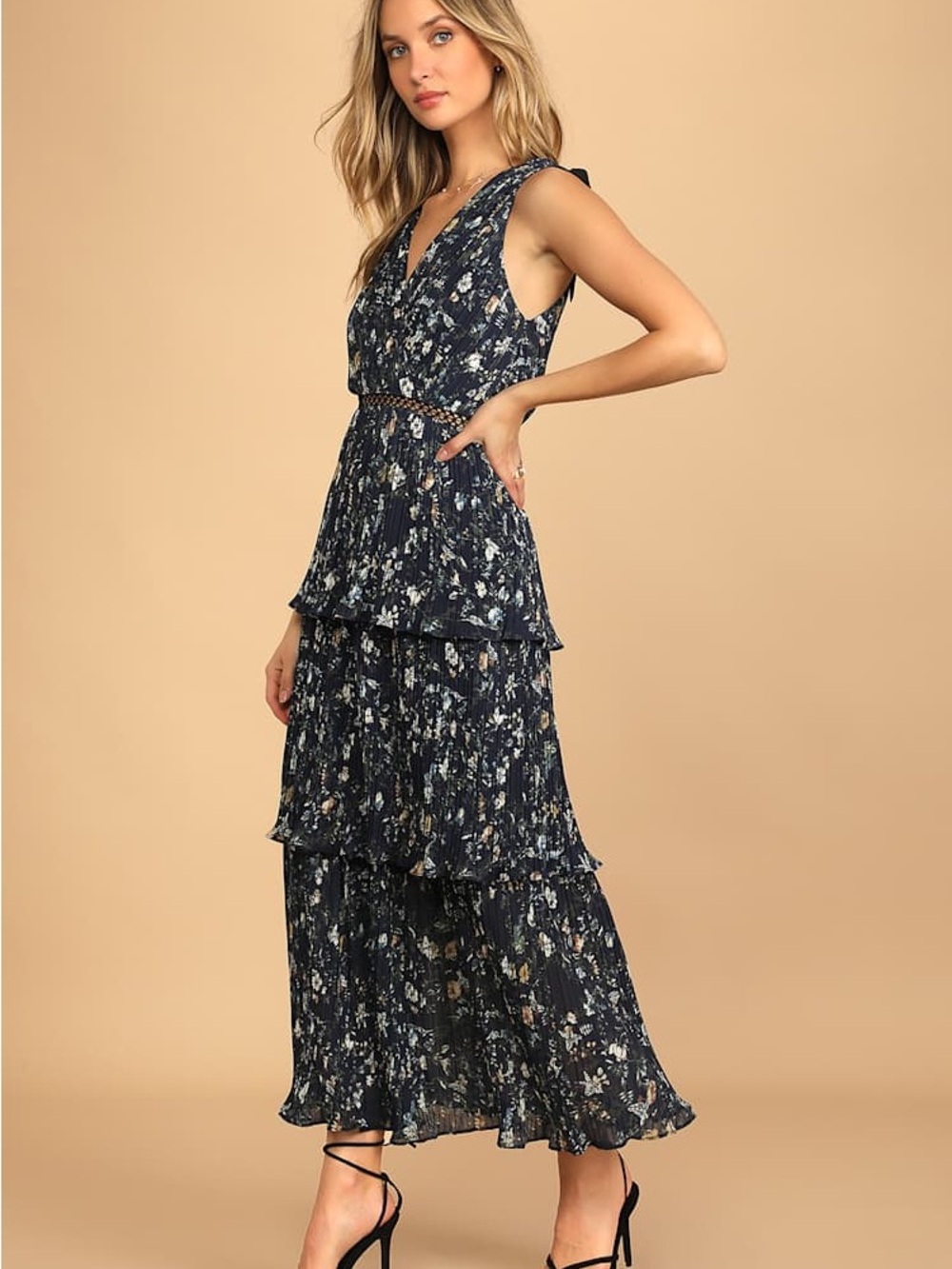 Lulus Navy Floral Pleated Tiered Maxi Dress Shoulder Bows Medium